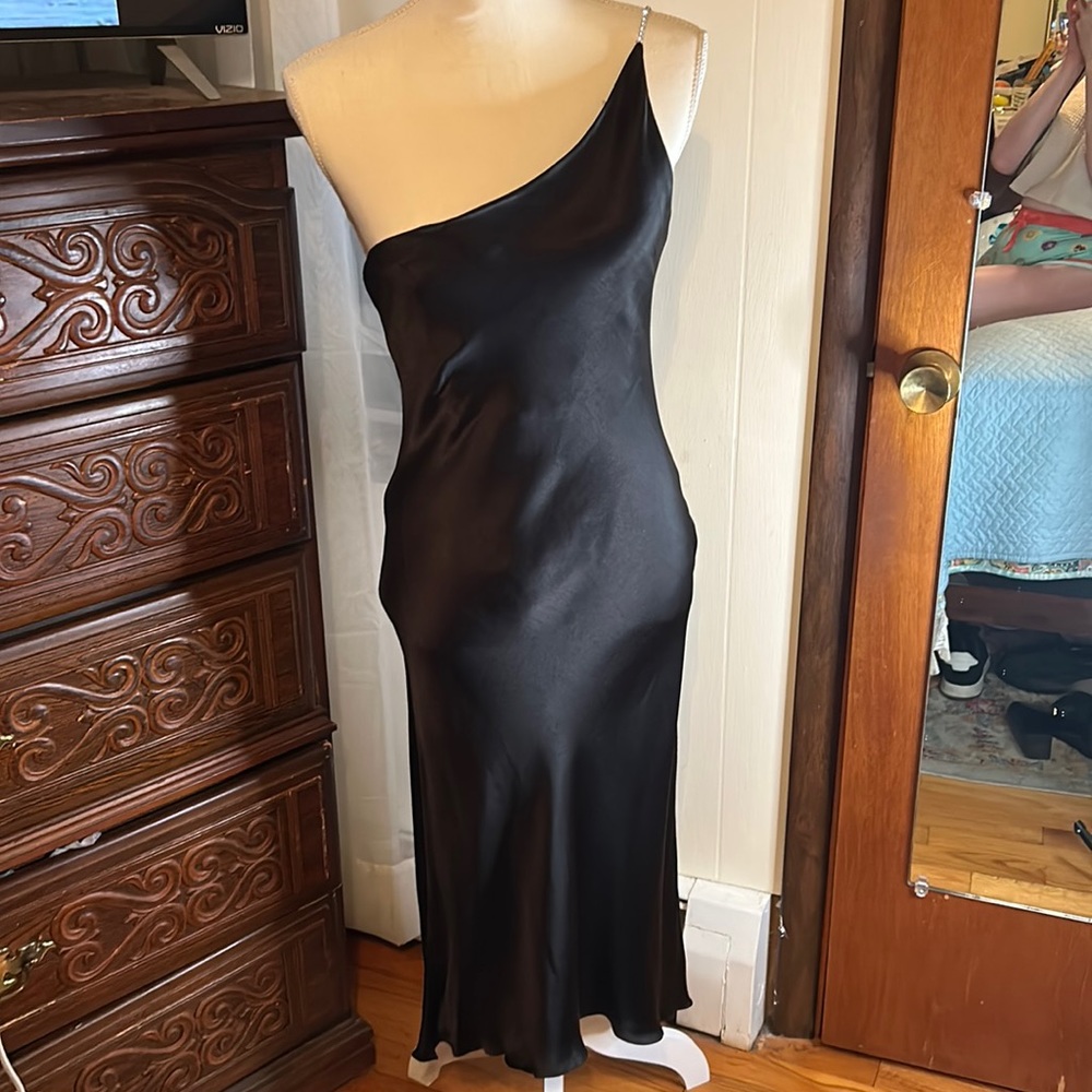 Year 2000 Arden B Asymmetrical black dress, rhinestone strap. Size 8.